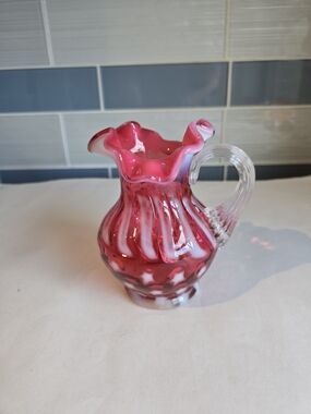 Fenton Pink and White Ruffled Handblown Glass Pitcher Vase Stars & Stripes